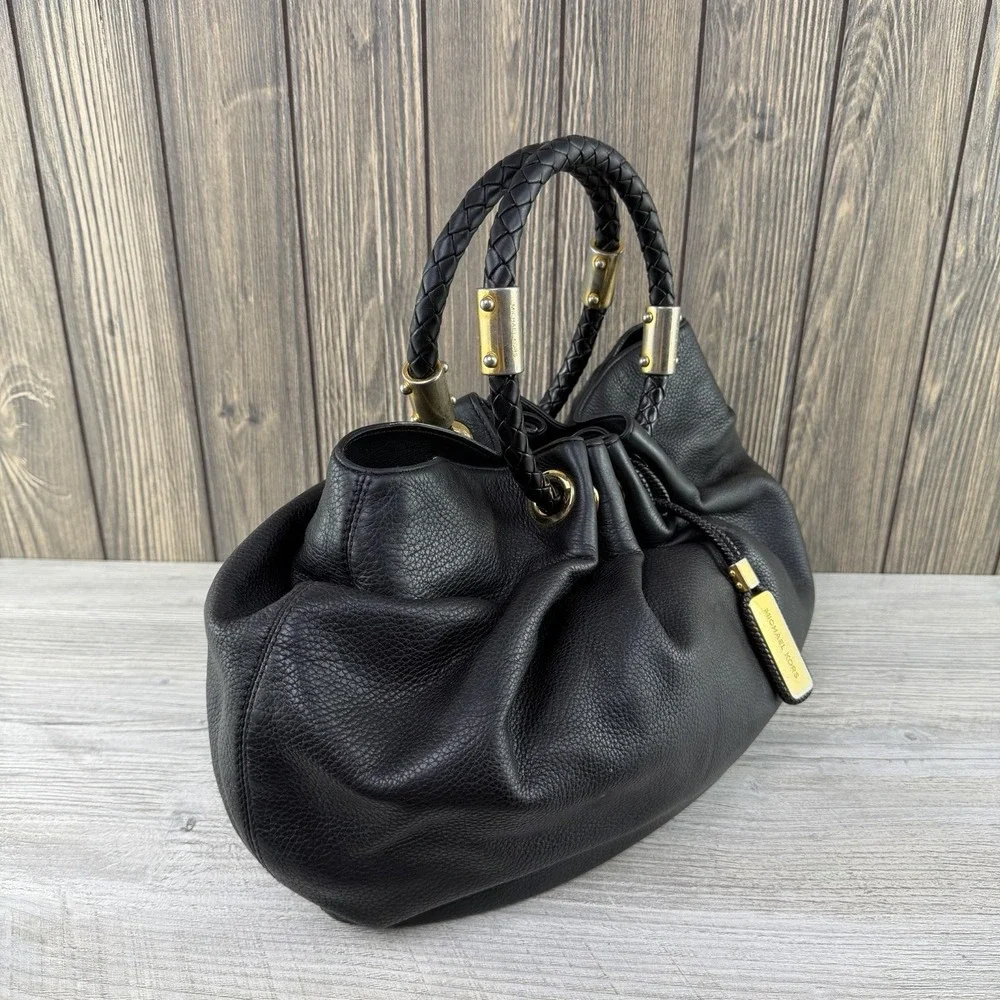 Michael Kors Black Leather Drawstring Satchel Bag Braided Handles Large RARE